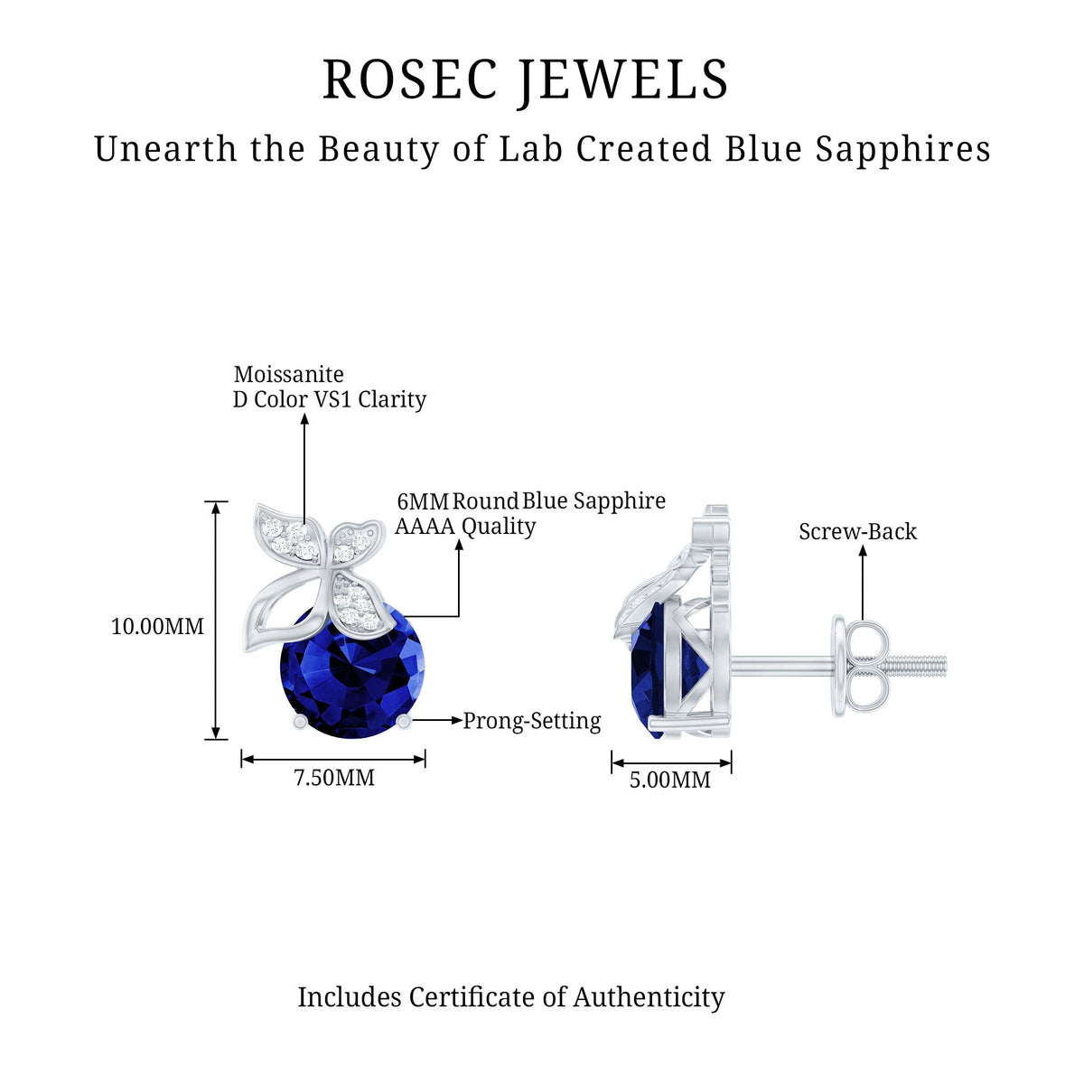 Blue Sapphire Stud Earrings – Lab Created Sapphire Diamond Butterfly Studs in Hallmarked Metal