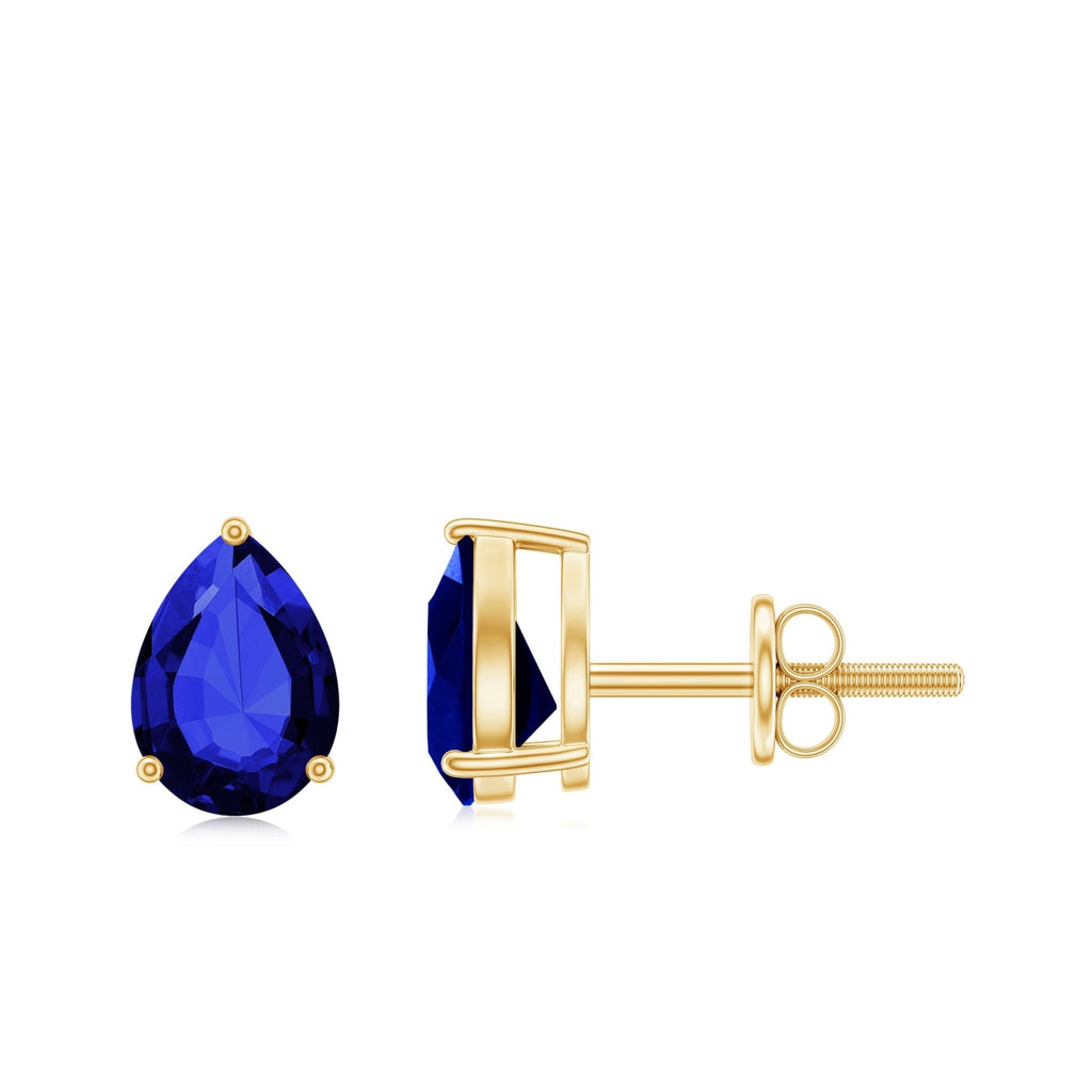 Blue Sapphire Stud Earrings – Pear Cut Solitaire in 3-Prong Setting, 3.2 Ct Gemstone