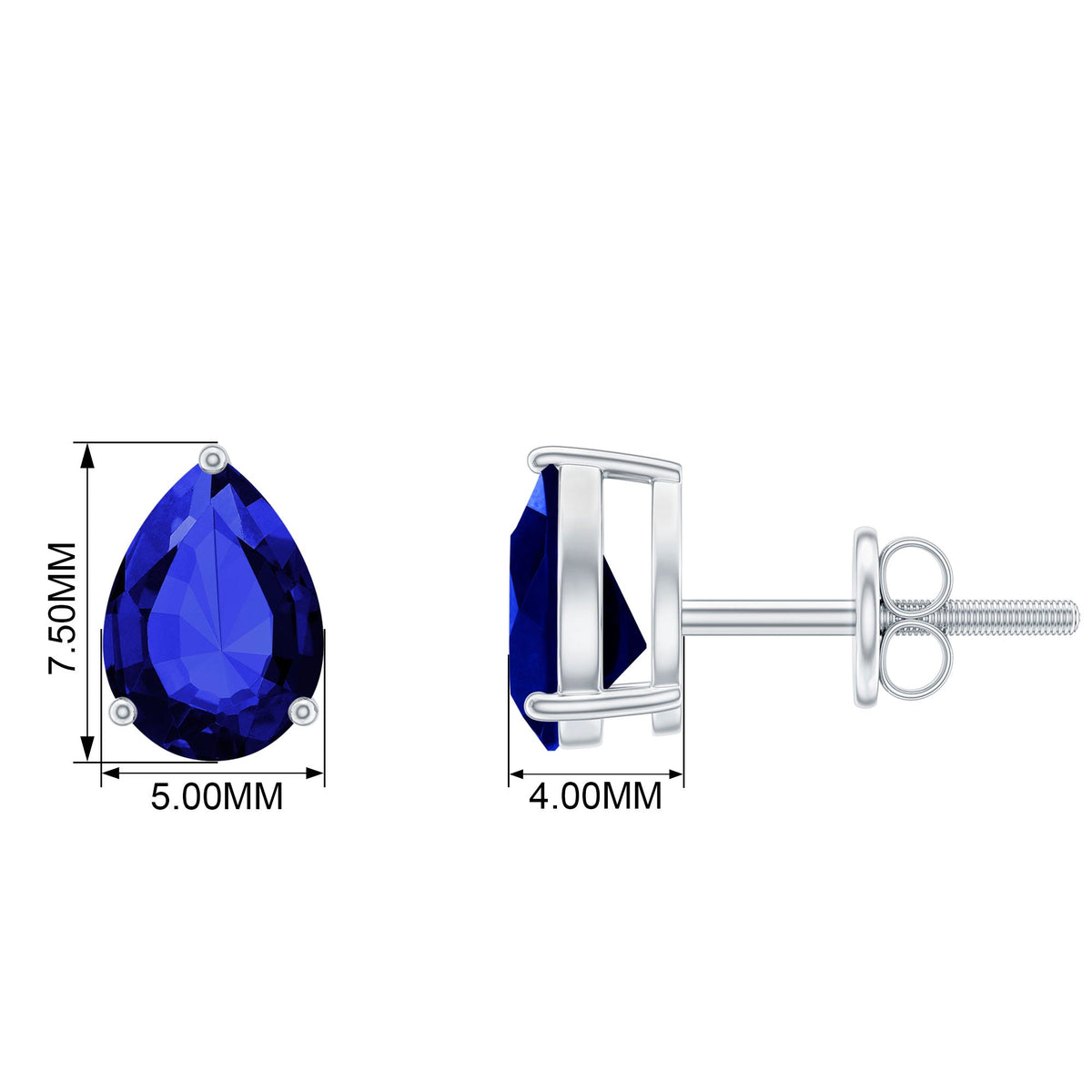Blue Sapphire Stud Earrings – Pear Cut Solitaire in 3-Prong Setting, 3.2 Ct Gemstone