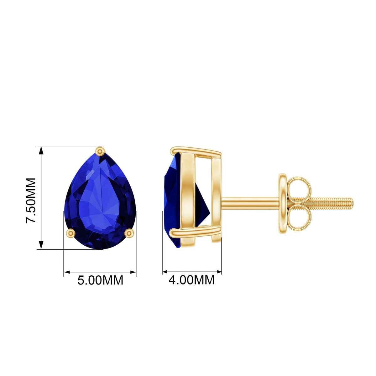 Blue Sapphire Stud Earrings – Pear Cut Solitaire in 3-Prong Setting, 3.2 Ct Gemstone