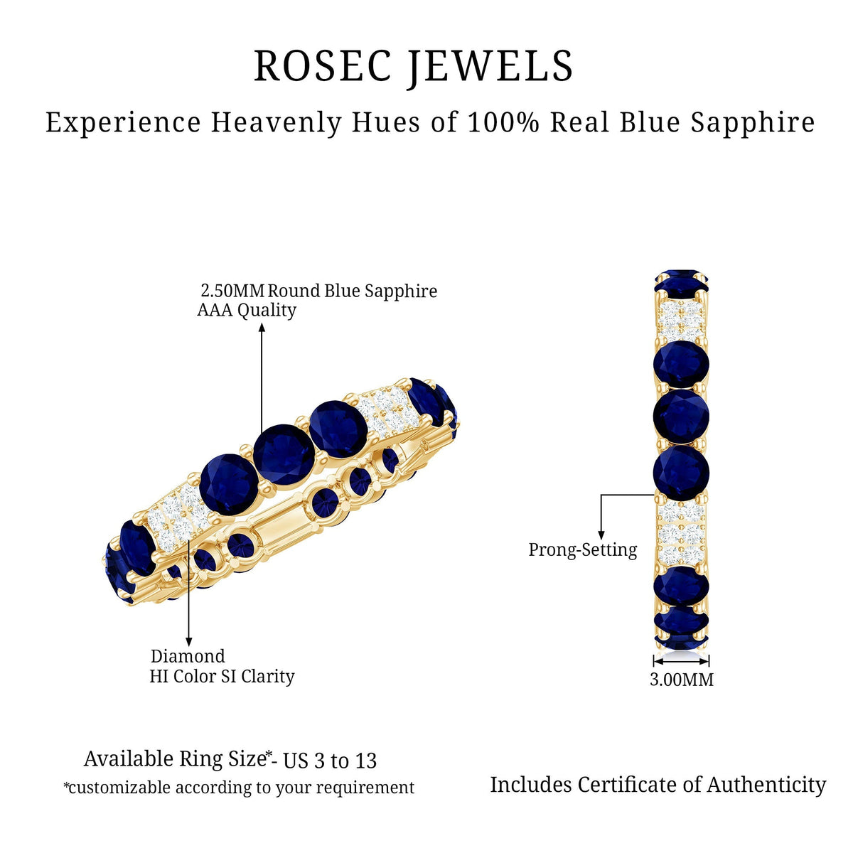 Blue Sapphire Wedding Band Diamond Eternity Ring Prong Setting