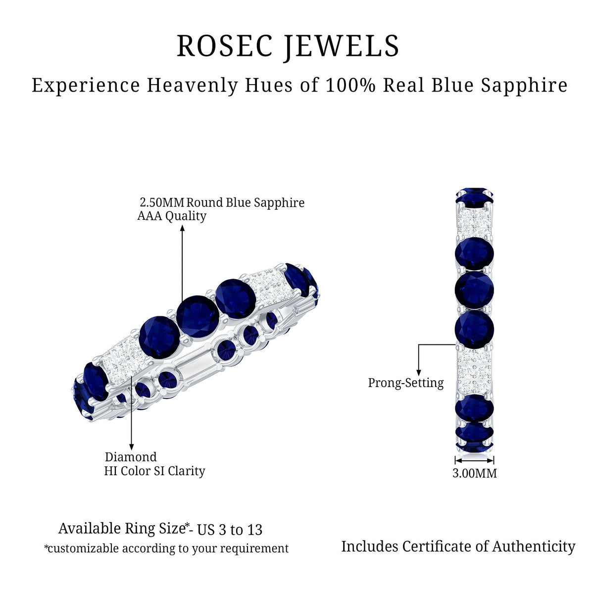 Blue Sapphire Wedding Band Diamond Eternity Ring Prong Setting