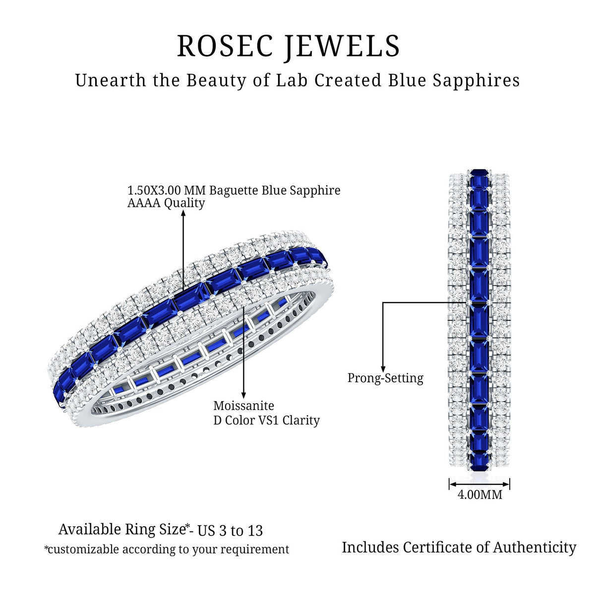 Blue Sapphire Wedding Band Lab Grown Moissanite Eternity Ring