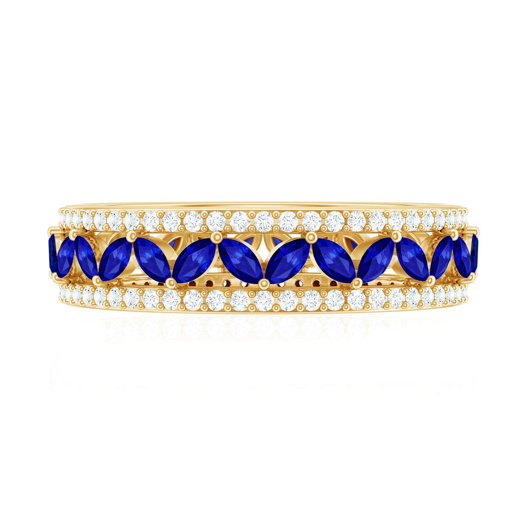 Blue Sapphire Wedding Band, Marquise Lab Created Diamond Ring