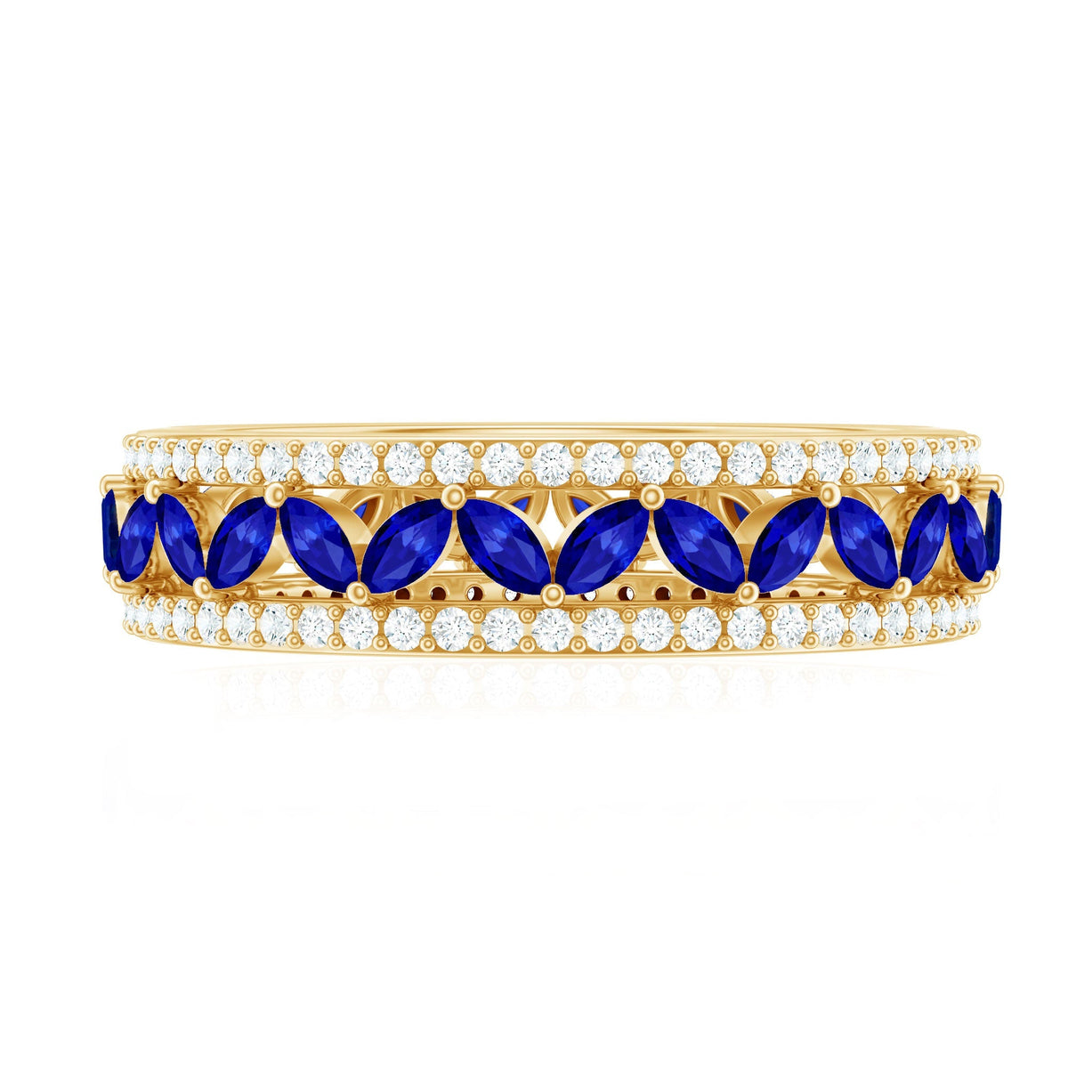 Blue Sapphire Wedding Band, Marquise Lab Created Diamond Ring