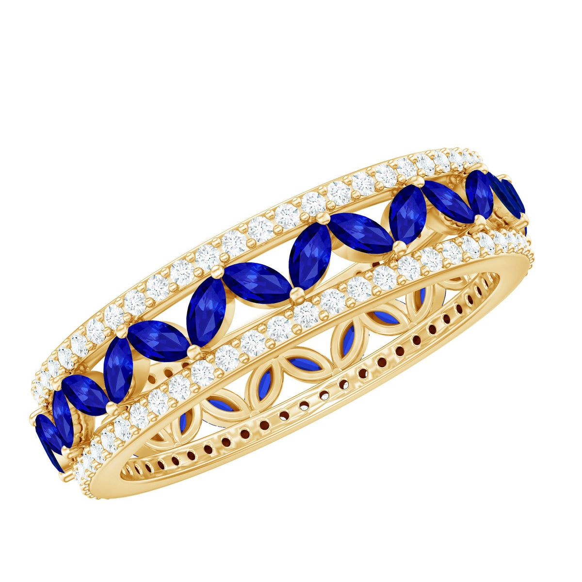 Blue Sapphire Wedding Band, Marquise Lab Created Diamond Ring