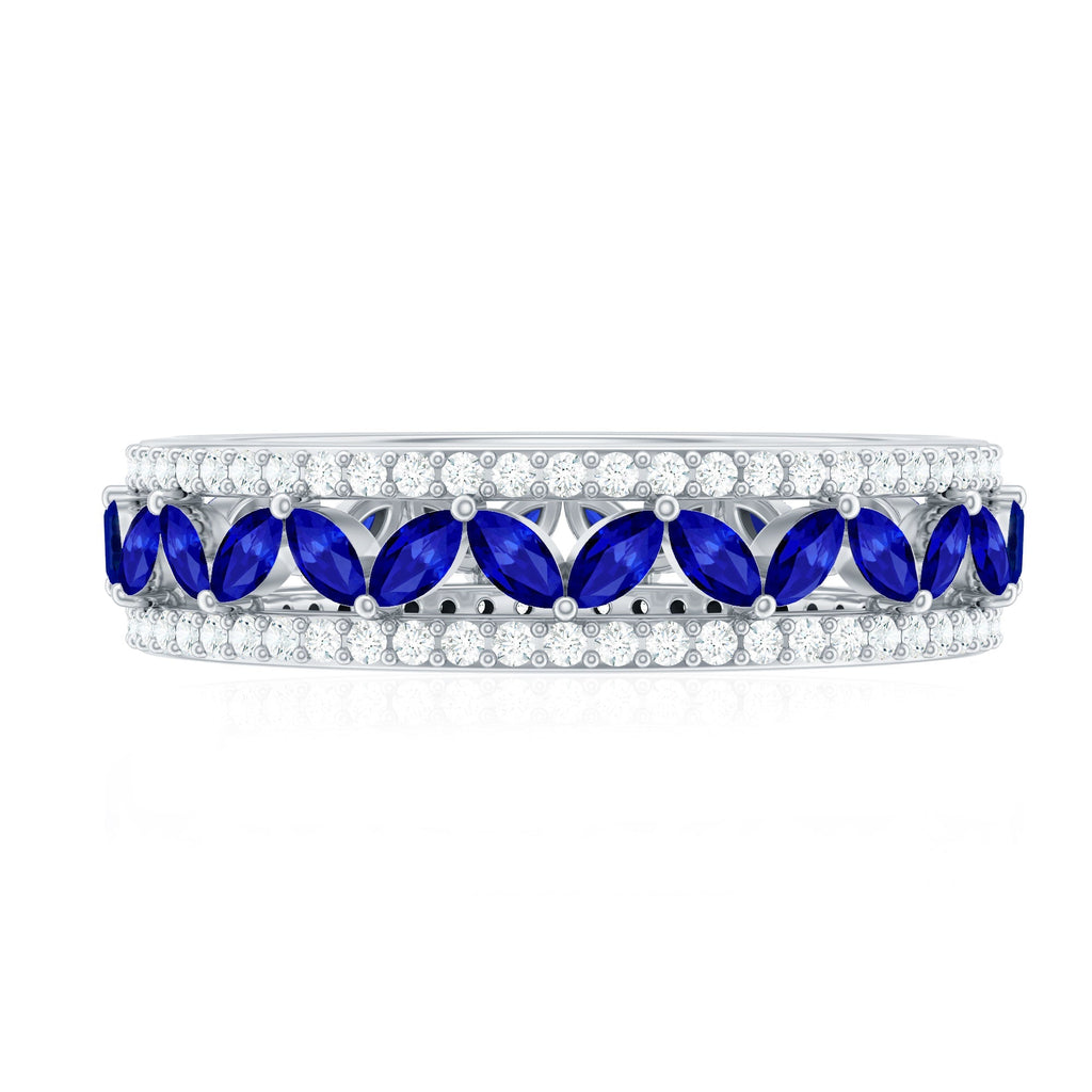 Blue Sapphire Wedding Band, Marquise Lab Created Diamond Ring