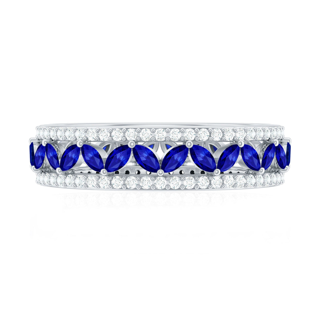 Blue Sapphire Wedding Band, Marquise Lab Created Diamond Ring