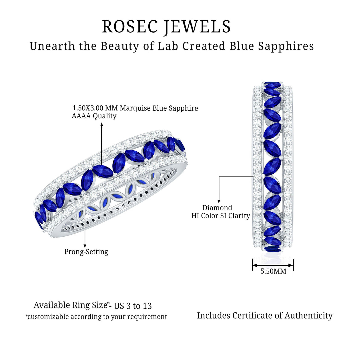 Blue Sapphire Wedding Band, Marquise Lab Created Diamond Ring