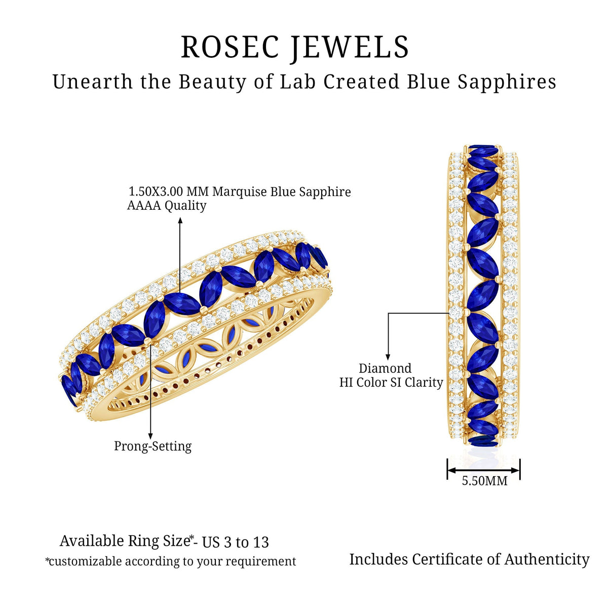 Blue Sapphire Wedding Band, Marquise Lab Created Diamond Ring