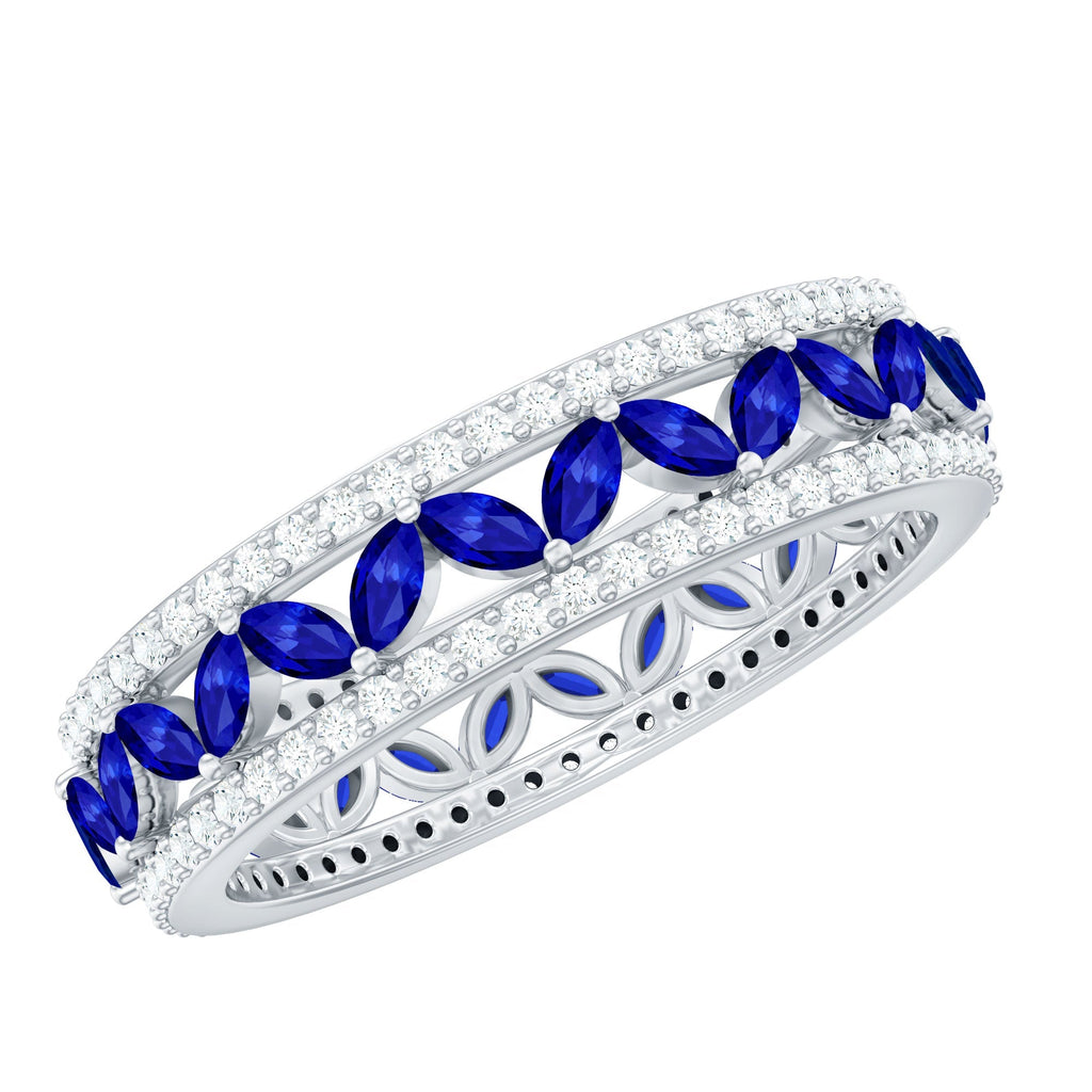 Blue Sapphire Wedding Band, Marquise Lab Created Diamond Ring