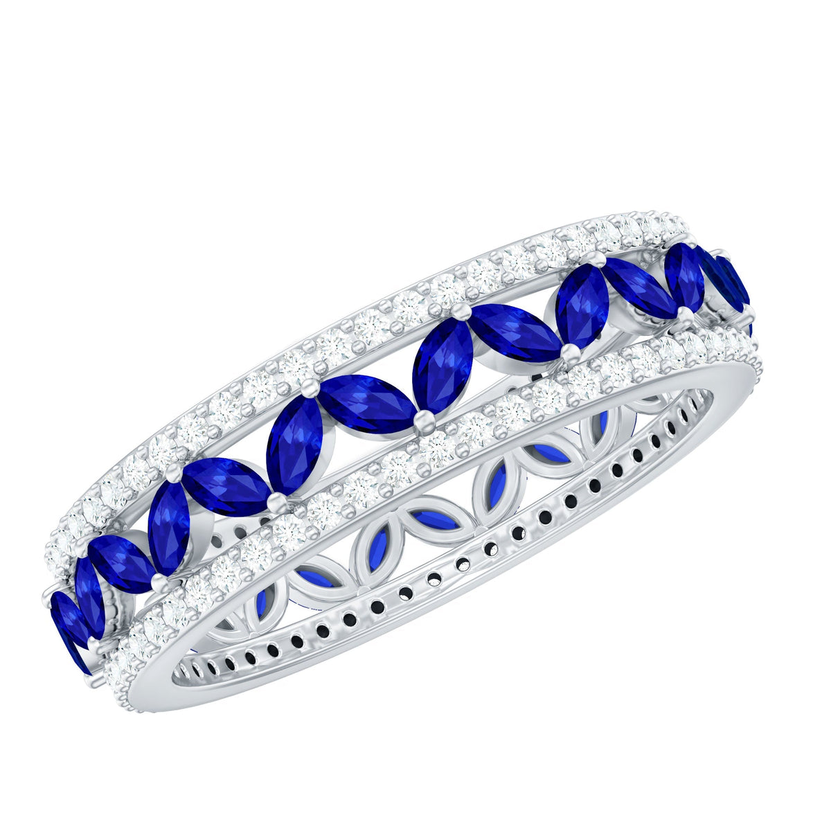 Blue Sapphire Wedding Band, Marquise Lab Created Diamond Ring
