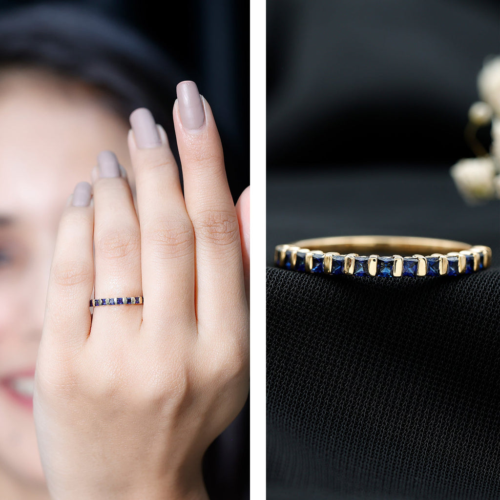 Blue Sapphire Wedding Band Princess Cut Half Eternity Ring