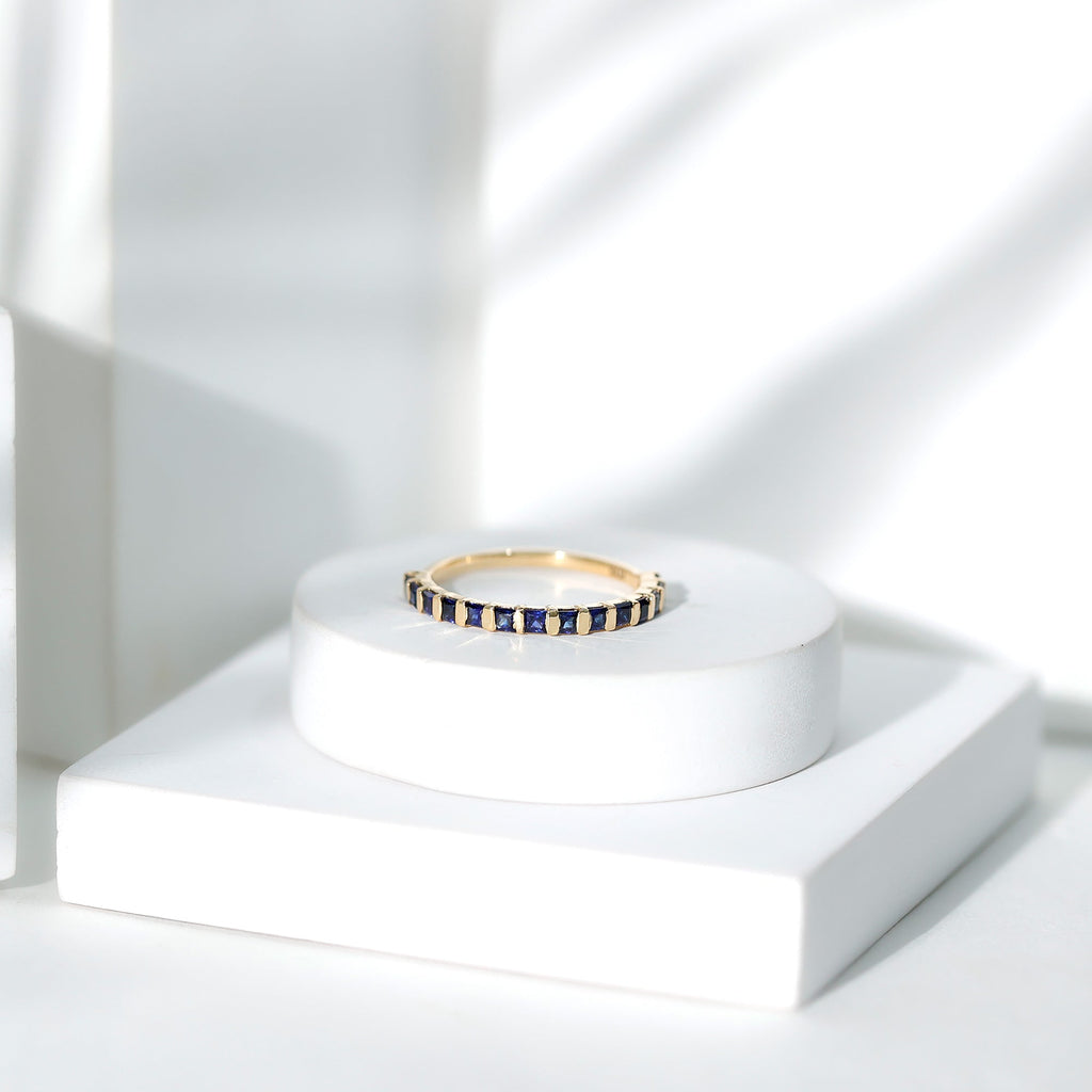 Blue Sapphire Wedding Band Princess Cut Half Eternity Ring