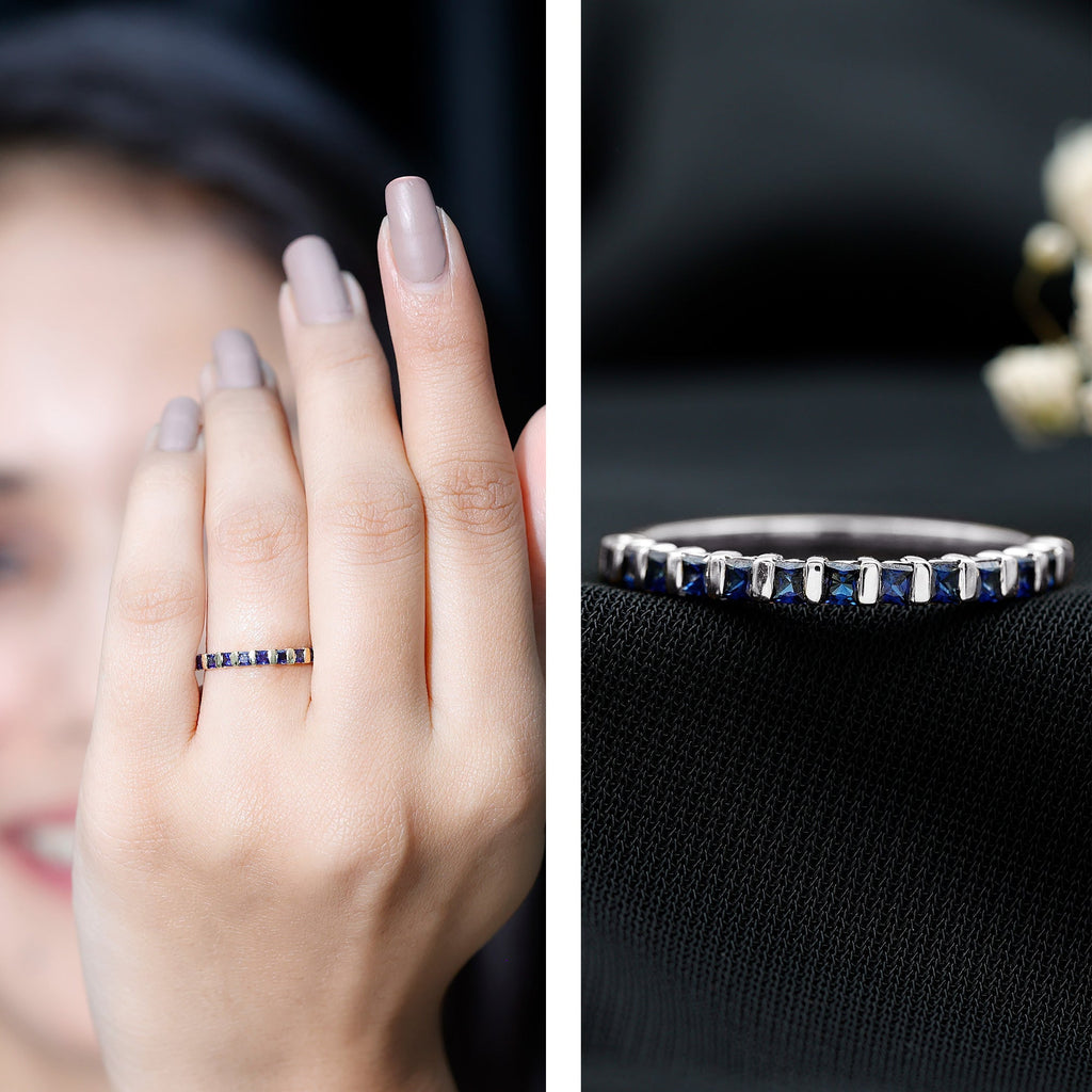 Blue Sapphire Wedding Band Princess Cut Half Eternity Ring