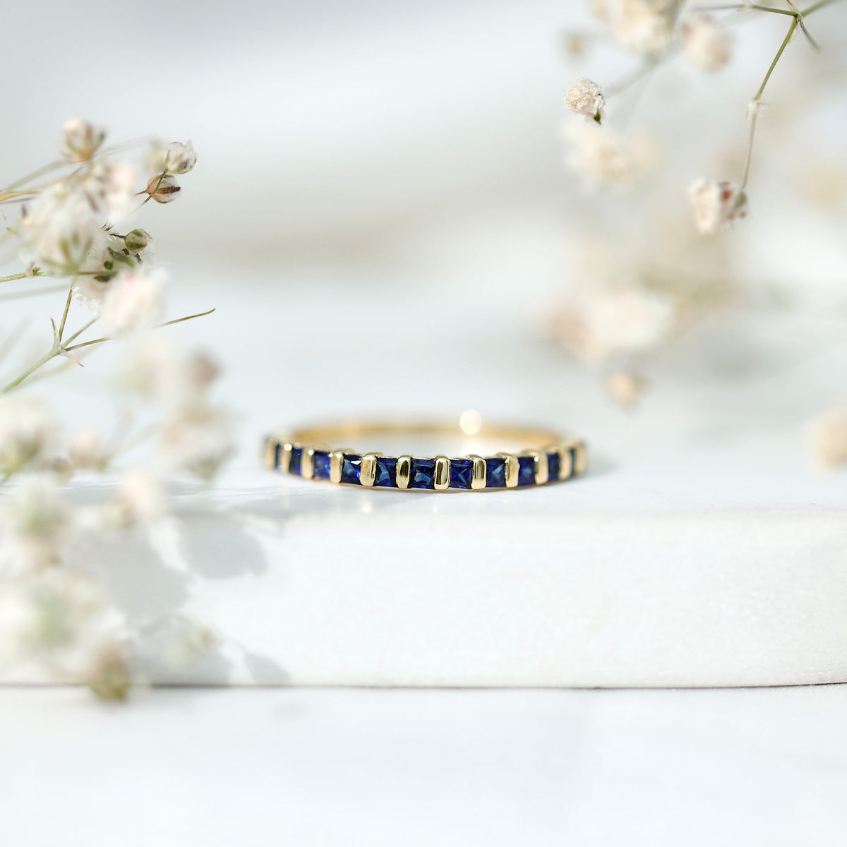 Blue Sapphire Wedding Band Princess Cut Half Eternity Ring
