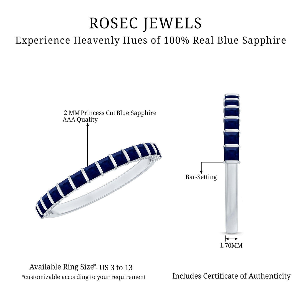 Blue Sapphire Wedding Band Princess Cut Half Eternity Ring