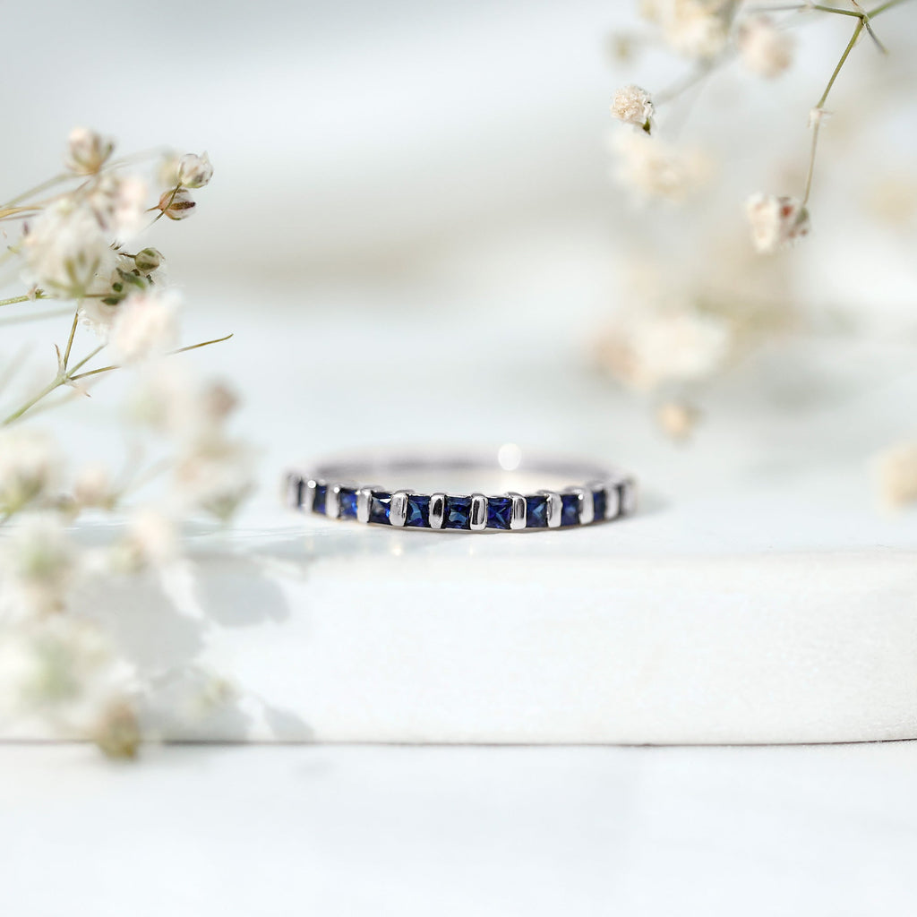 Blue Sapphire Wedding Band Princess Cut Half Eternity Ring