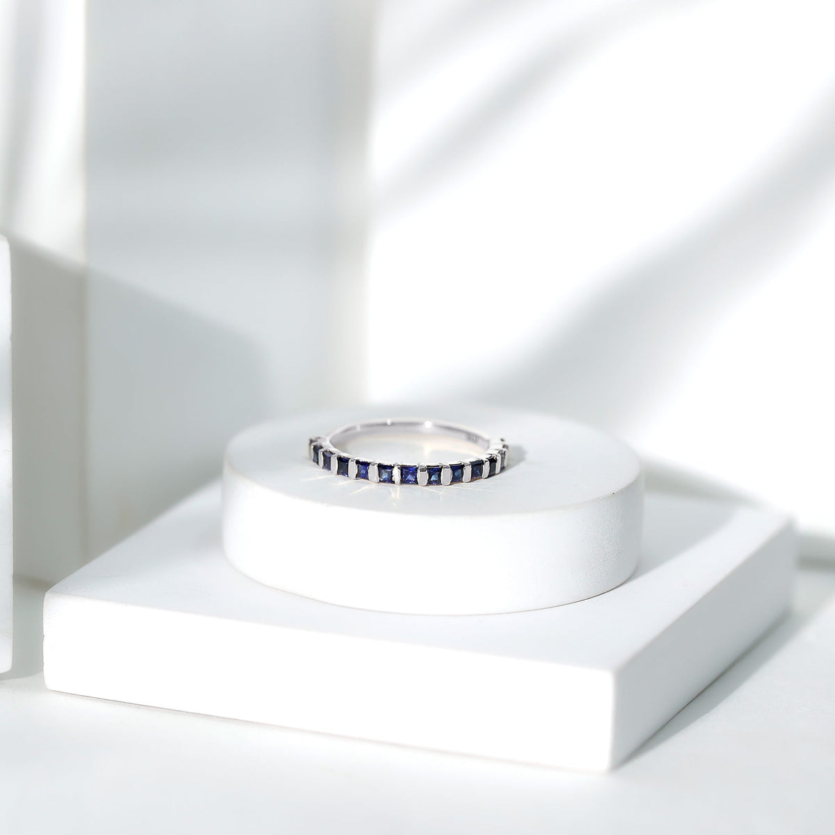 Blue Sapphire Wedding Band Princess Cut Half Eternity Ring