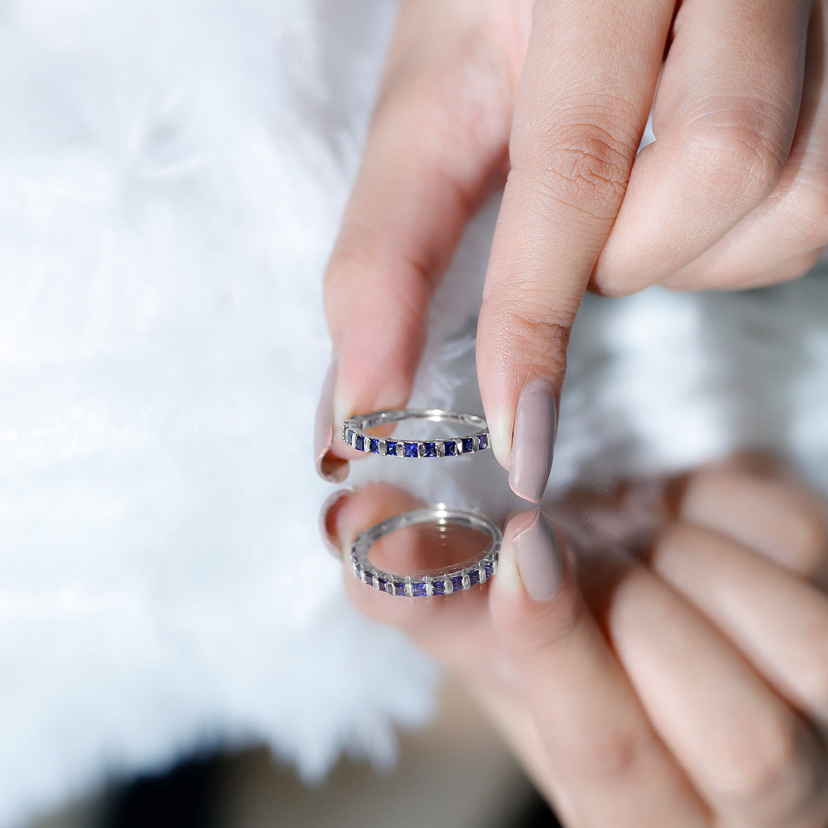 Blue Sapphire Wedding Band Princess Cut Half Eternity Ring