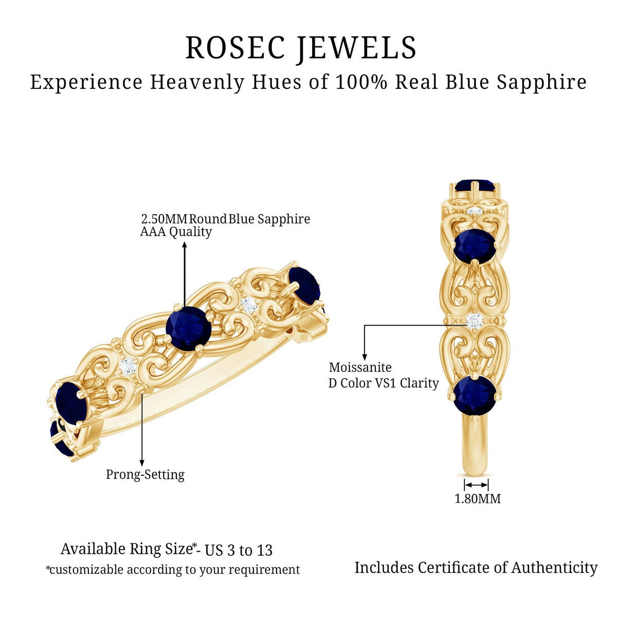 Blue Sapphire Wedding Band Vintage Half Eternity Diamond Ring