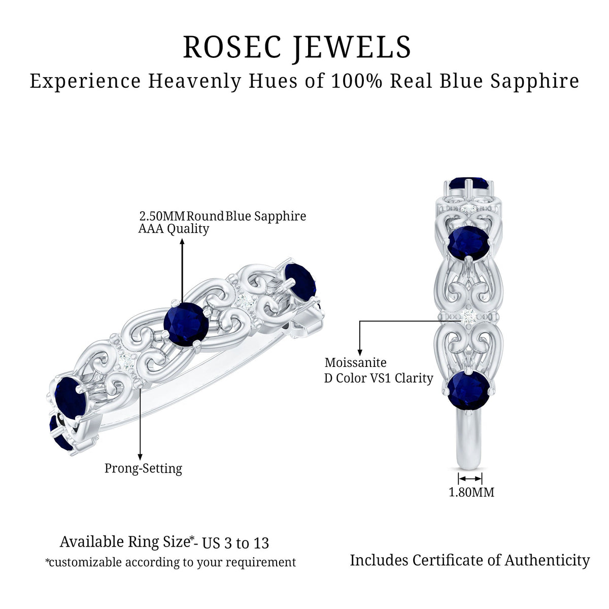 Blue Sapphire Wedding Band Vintage Half Eternity Diamond Ring
