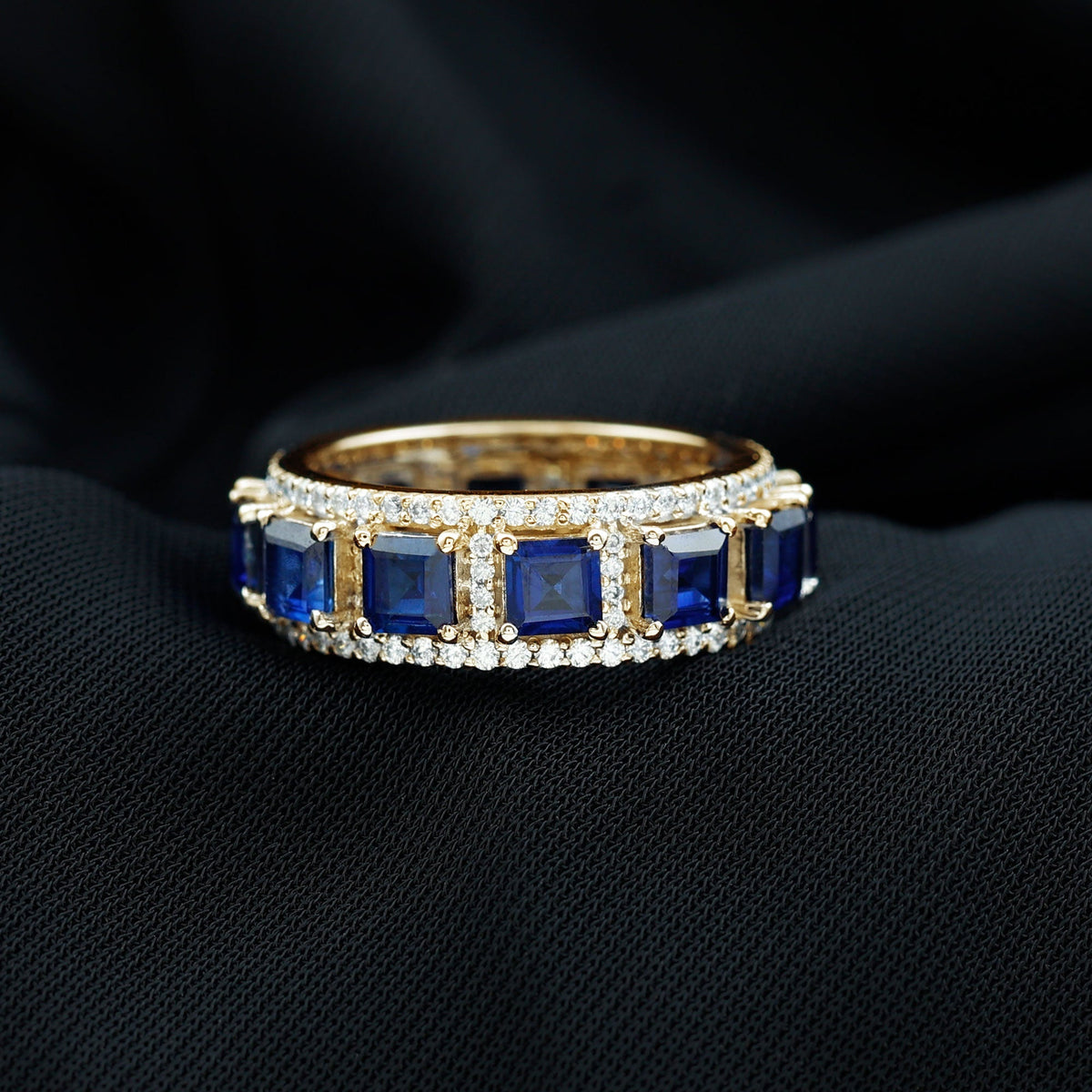 Blue Sapphire Wedding Band, Wide Princess Cut Moissanite Band