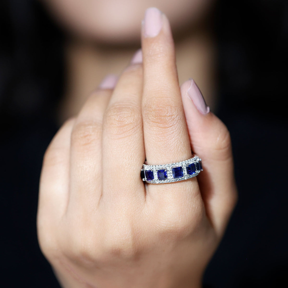 Blue Sapphire Wedding Band, Wide Princess Cut Moissanite Band