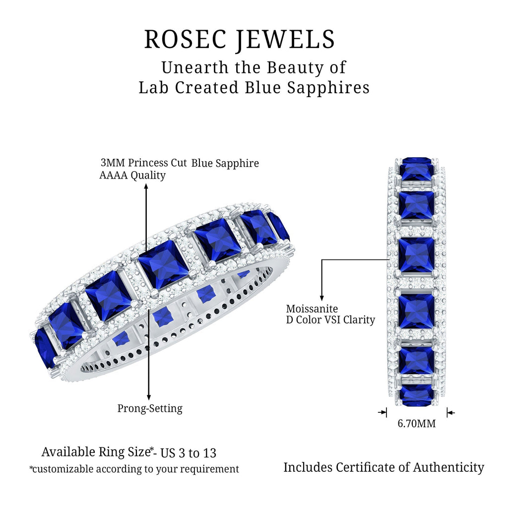 Blue Sapphire Wedding Band, Wide Princess Cut Moissanite Band