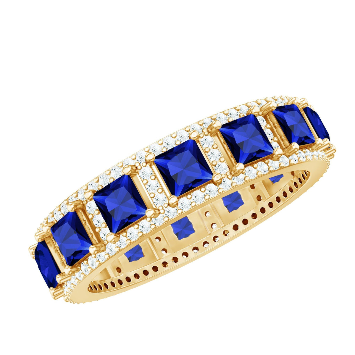 Blue Sapphire Wedding Band, Wide Princess Cut Moissanite Band