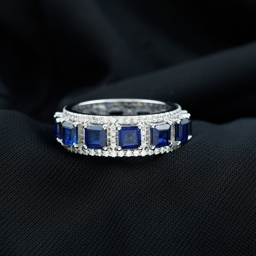 Blue Sapphire Wedding Band, Wide Princess Cut Moissanite Band