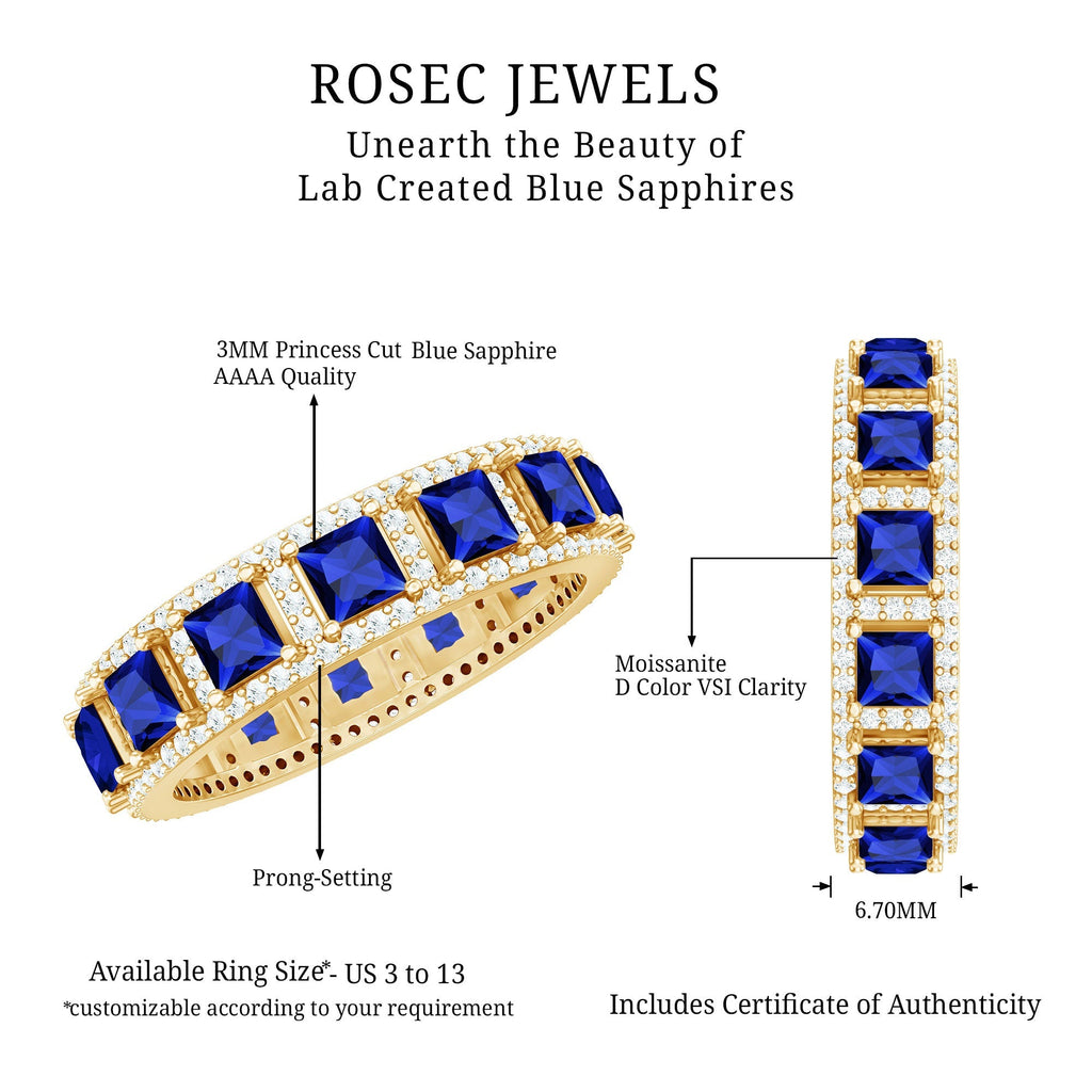 Blue Sapphire Wedding Band, Wide Princess Cut Moissanite Band