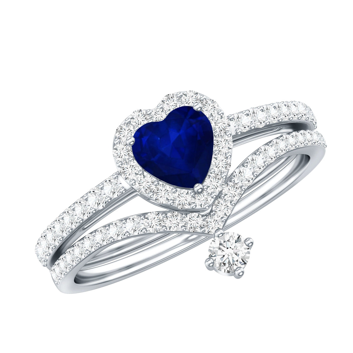 Blue Sapphire Wedding Ring Set, Heart Halo Diamond Bridal Set