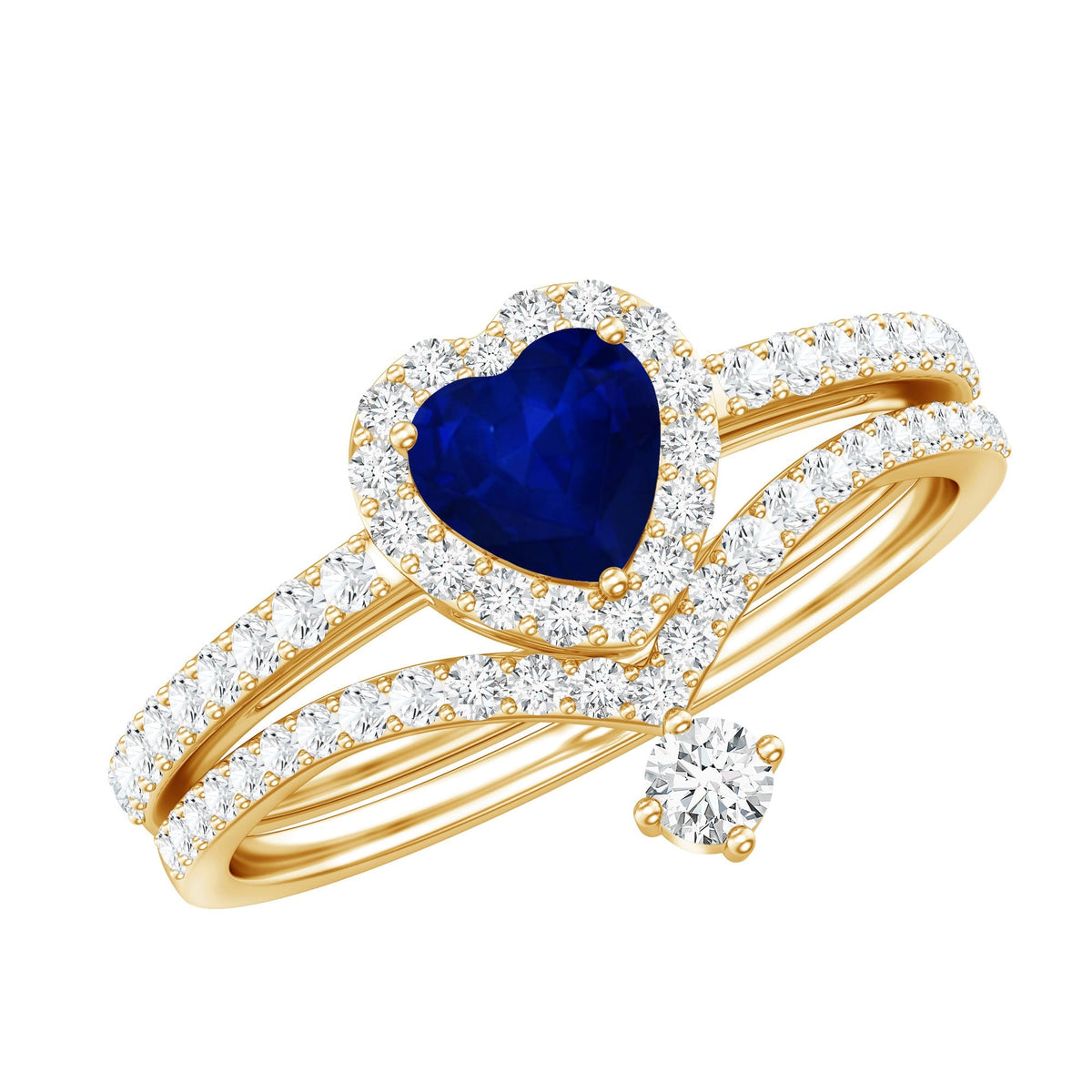 Blue Sapphire Wedding Ring Set, Heart Halo Diamond Bridal Set