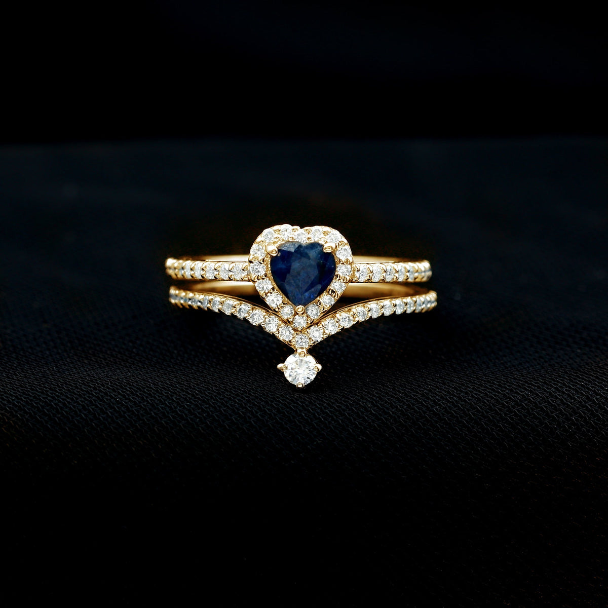 Blue Sapphire Wedding Ring Set, Heart Halo Diamond Bridal Set