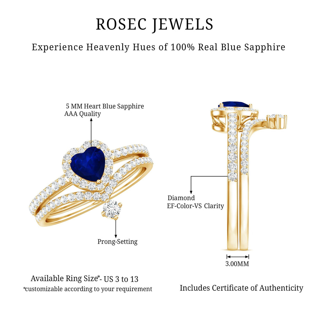 Blue Sapphire Wedding Ring Set, Heart Halo Diamond Bridal Set
