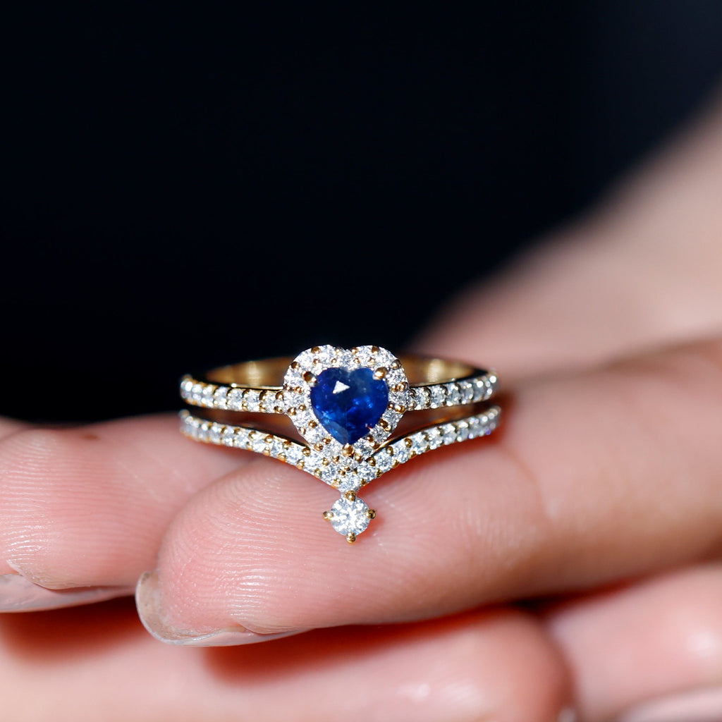 Blue Sapphire Wedding Ring Set, Heart Halo Diamond Bridal Set