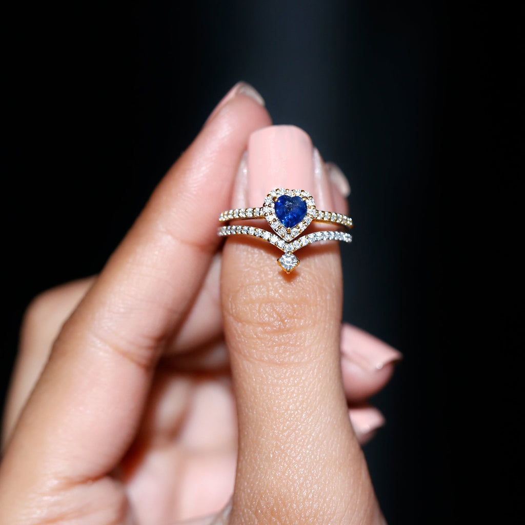 Blue Sapphire Wedding Ring Set, Heart Halo Diamond Bridal Set
