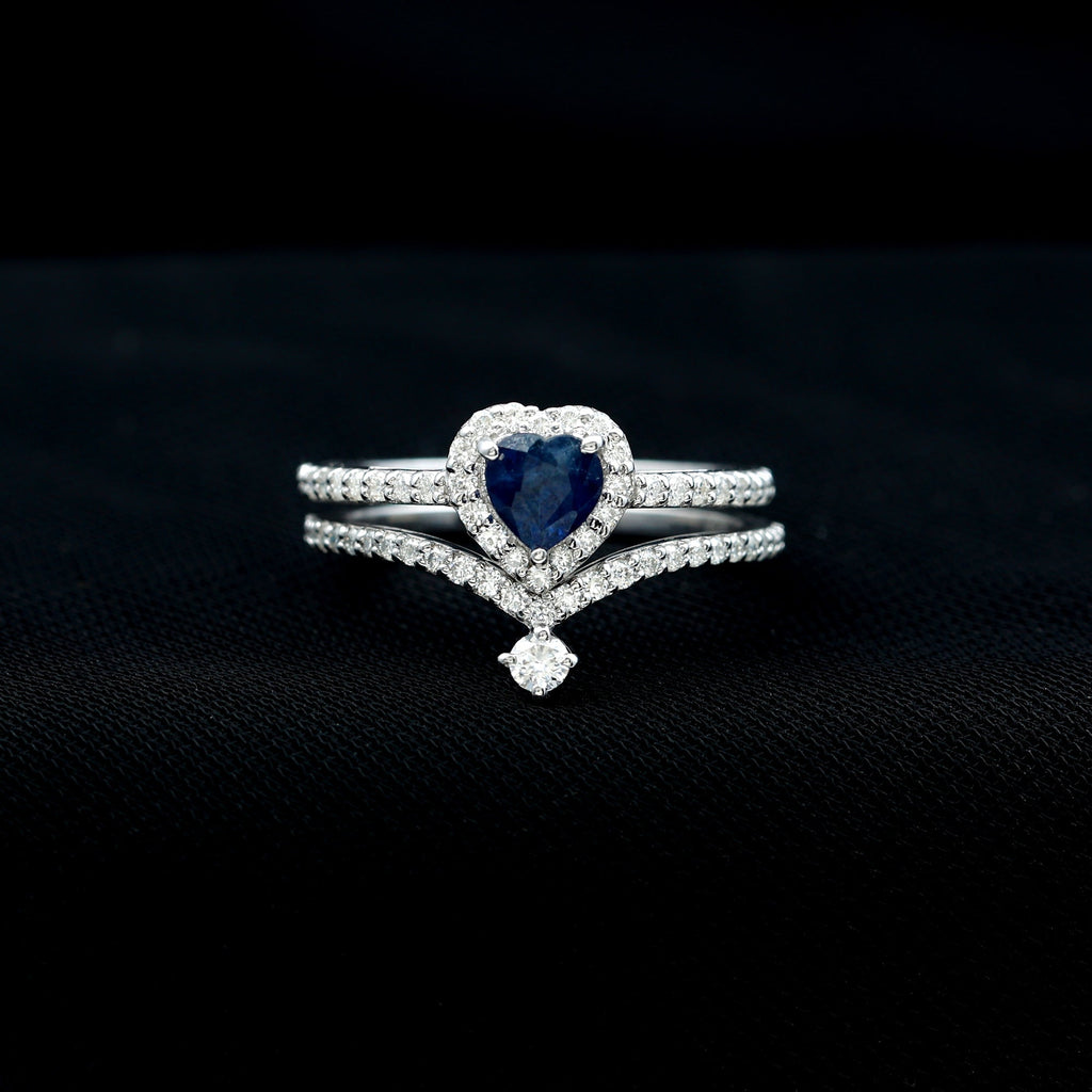 Blue Sapphire Wedding Ring Set, Heart Halo Diamond Bridal Set