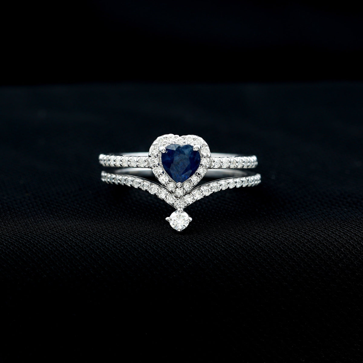 Blue Sapphire Wedding Ring Set, Heart Halo Diamond Bridal Set