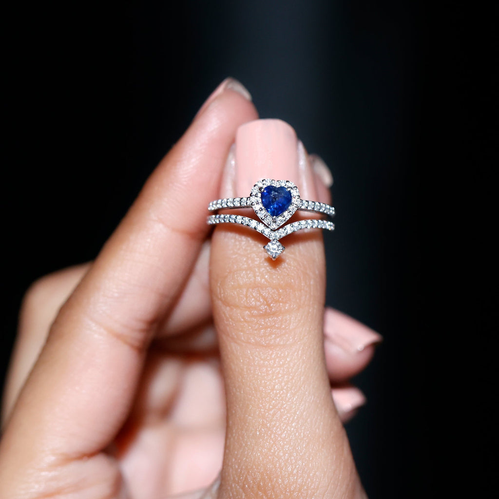 Blue Sapphire Wedding Ring Set, Heart Halo Diamond Bridal Set