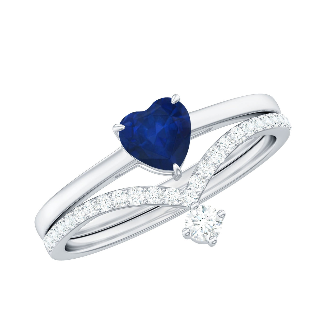 Blue Sapphire Wedding Ring Set, Heart Shape Diamond Solitaire