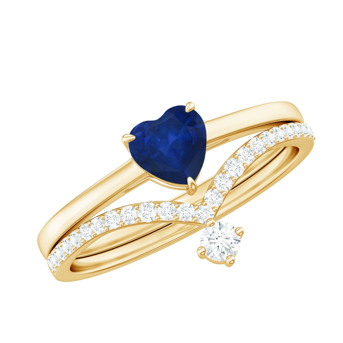 Blue Sapphire Wedding Ring Set, Heart Shape Diamond Solitaire