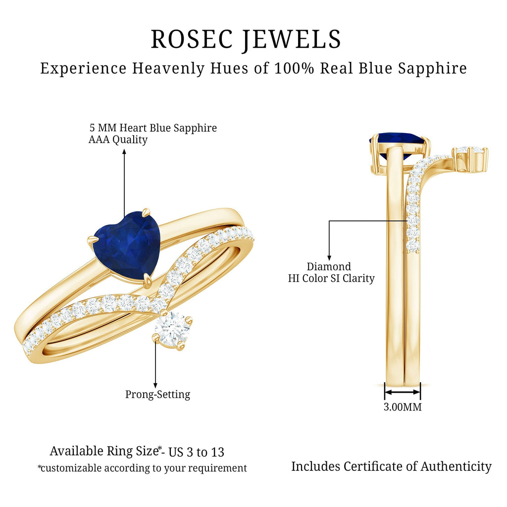 Blue Sapphire Wedding Ring Set, Heart Shape Diamond Solitaire