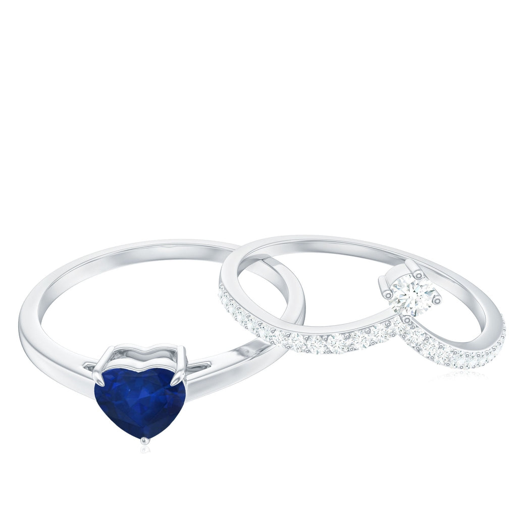 Blue Sapphire Wedding Ring Set, Heart Shape Diamond Solitaire