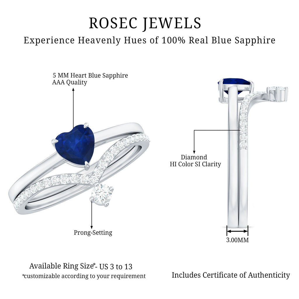 Blue Sapphire Wedding Ring Set, Heart Shape Diamond Solitaire