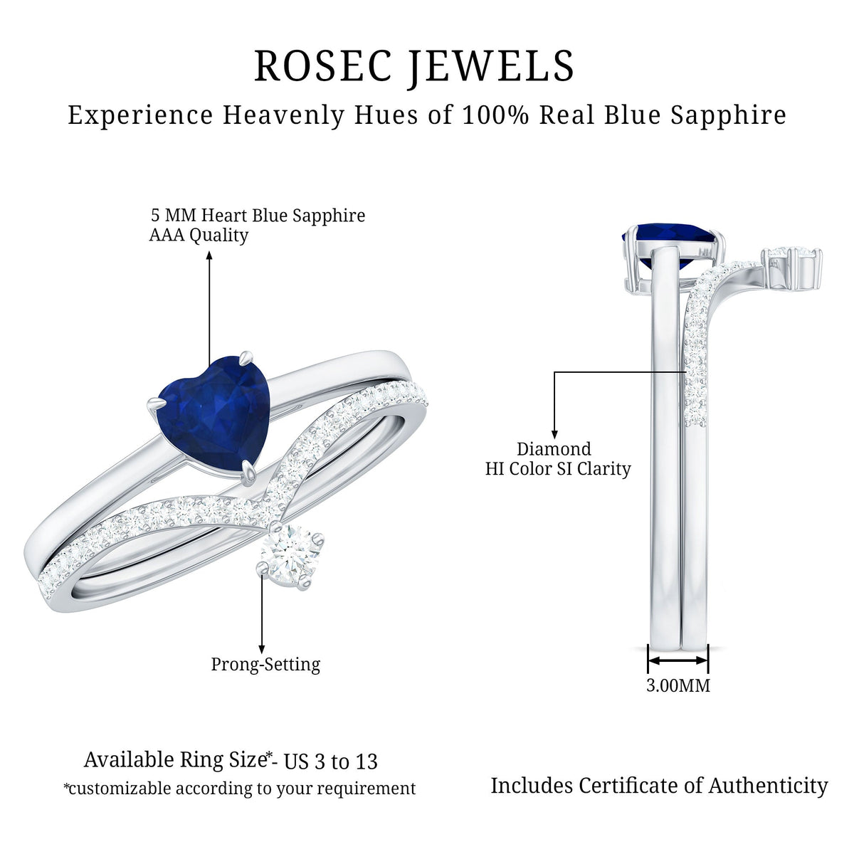 Blue Sapphire Wedding Ring Set, Heart Shape Diamond Solitaire