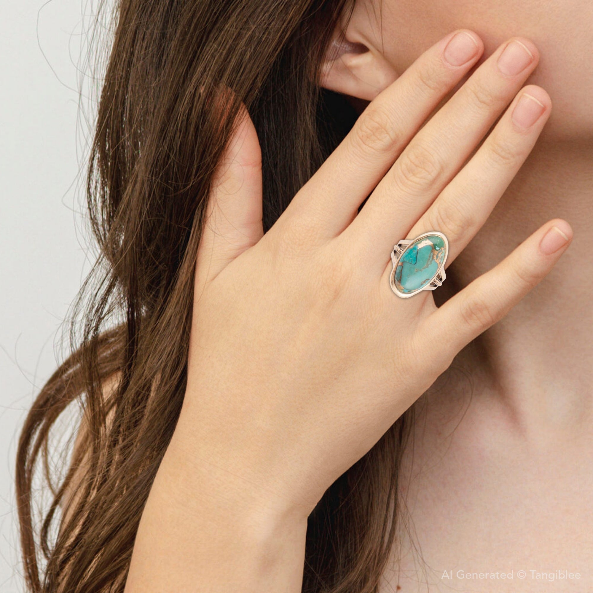 Blue Turquoise and Bronze Matrix Golden Oval Ring
