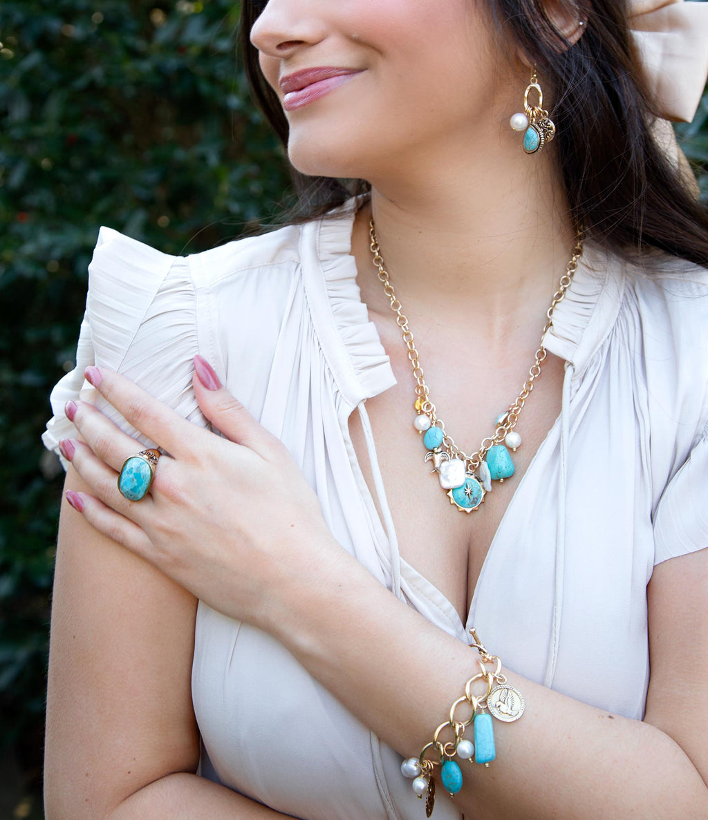 Blue Turquoise and White Pearl Multi Charm Golden Necklace