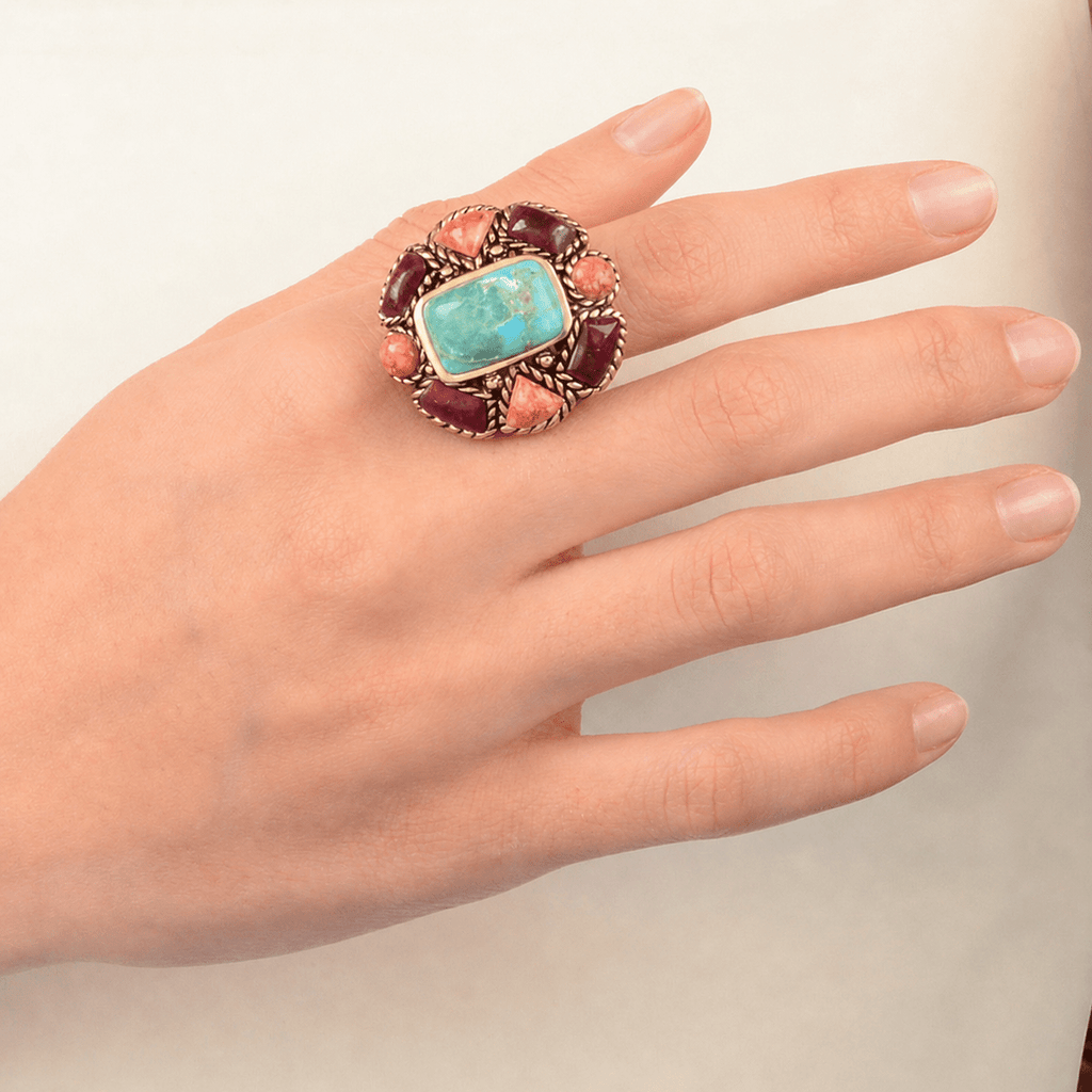Blue Turquoise Colorful Floral Golden Ring